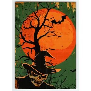 Vintage Halloween Postcard Witch Skull Bat Orange Moon 6x4 Chrome